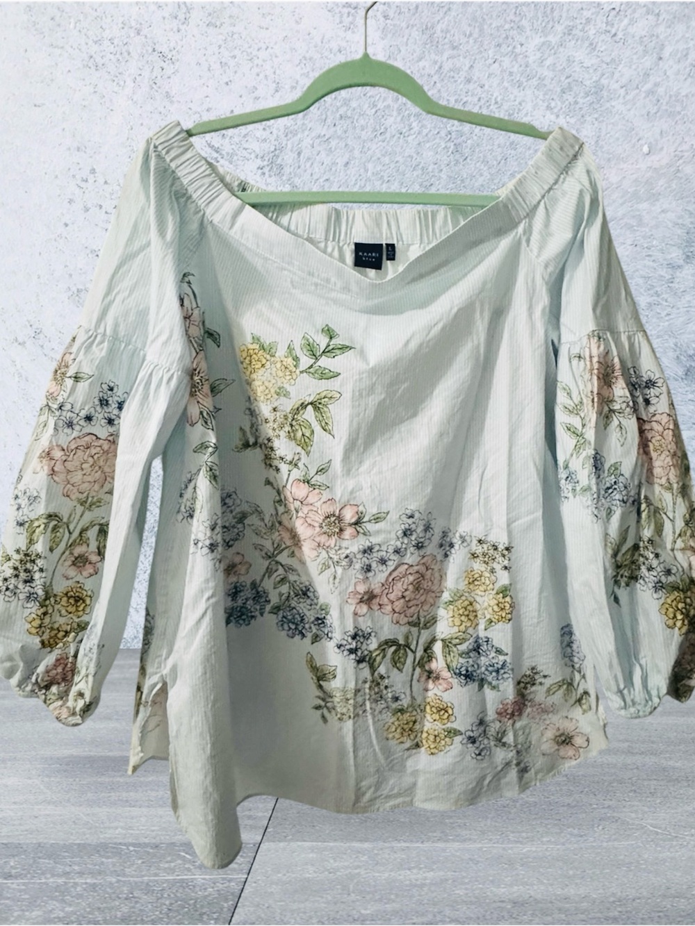 Kaari Blue Mint Green Off-Shoulder Floral Blouse